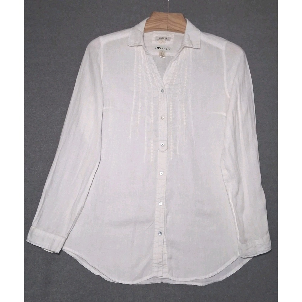 MALVIN I Love 100% Linen White Tunic  Top Womens V-Neck Button Front Pintuck - L